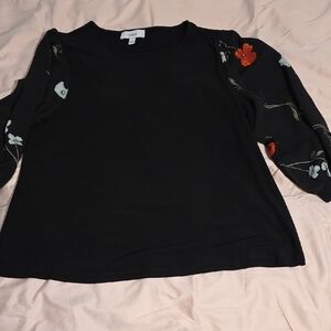CeCe Black Top with Floral Sleeves